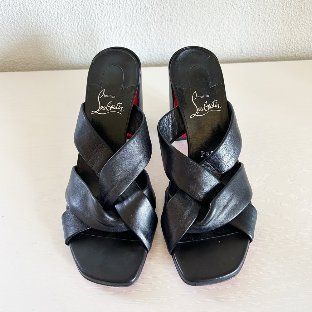 Christian Louboutin Black Leather Crisscross Block Heel Sandals with Red Sole - Picture 4 of 13